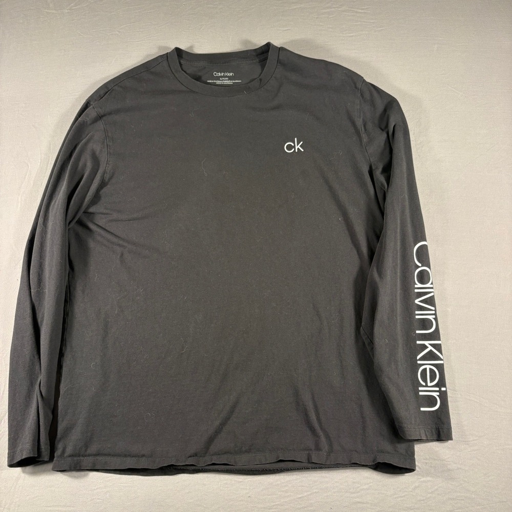 Calvin Klein Mens Long Sleeve Logo T-Shirt Black Cotton Crewneck XL 10658